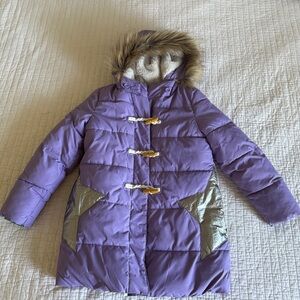 Boden Girl Purple Puffer Coat with Faux Fur Hood
